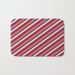 [ Thumbnail: Orange, Dark Blue, Turquoise, and Red Colored Stripes Pattern Bath Mat ]