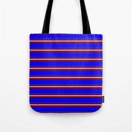 [ Thumbnail: Brown, Maroon, and Blue Colored Lined Pattern Tote Bag ]