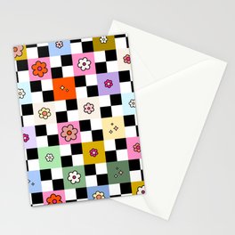 Checkered Daisies Retro Colorful Flower Check Pattern Stationery Card