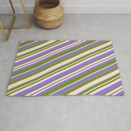 [ Thumbnail: Purple, Green, and Bisque Colored Lined Pattern Rug ]