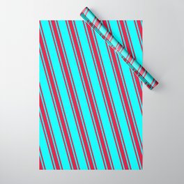 [ Thumbnail: Cyan & Crimson Colored Stripes Pattern Wrapping Paper ]