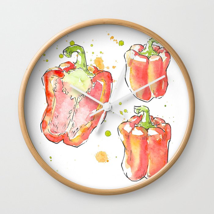 Red watercolor peppers Wall Clock