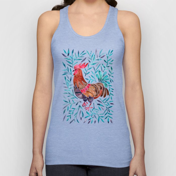 Le Coq – Watercolor Rooster with Turquoise Leaves Tank Top