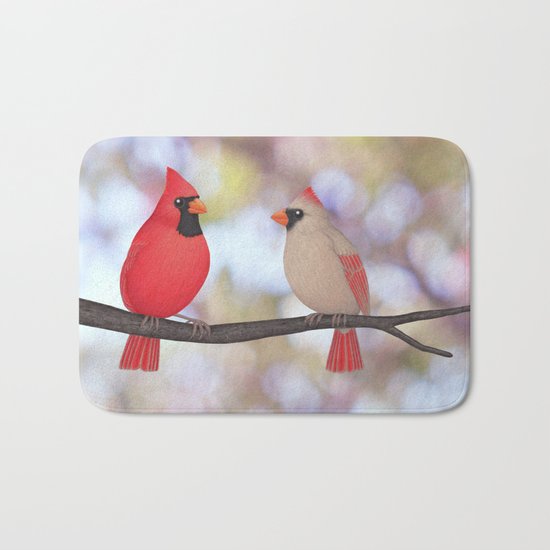 psychedelic cardinals bokeh Bath Mat