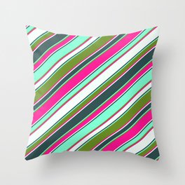 [ Thumbnail: Vibrant Deep Pink, Mint Cream, Dark Slate Gray, Aquamarine, and Green Colored Lines/Stripes Pattern Throw Pillow ]