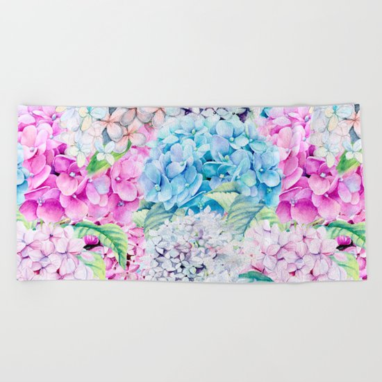 Multicolor Watercolor Hydrangea dream pattern Beach Towel