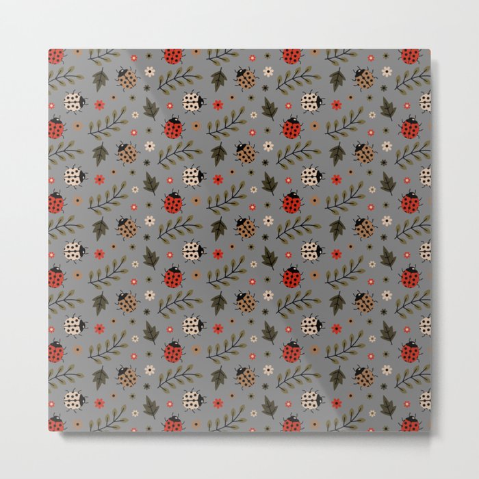 Ladybug and Floral Seamless Pattern on Grey Background Metal Print