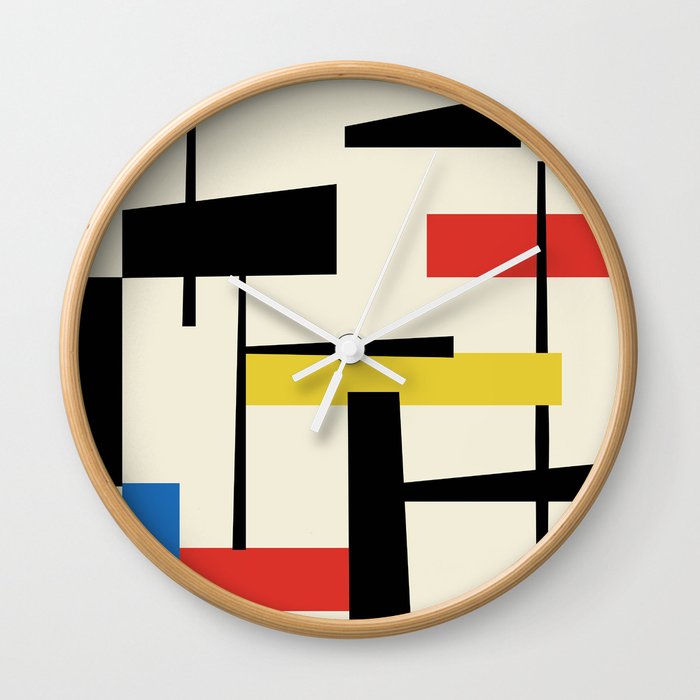 Bauhangular Iii Bauhaus Style Minimalist Modern Abstract Red Blue Yellow Black Wall Clock By Beprintablestudio