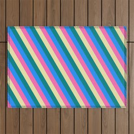 [ Thumbnail: Blue, Hot Pink, Pale Goldenrod, and Teal Colored Striped Pattern Outdoor Rug ]