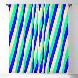 [ Thumbnail: Cyan, Green, Blue & Beige Colored Lined Pattern Blackout Curtain ]