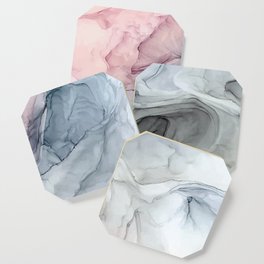 Pastel Blush, Grey and Blue Ink Clouds Painting Coaster