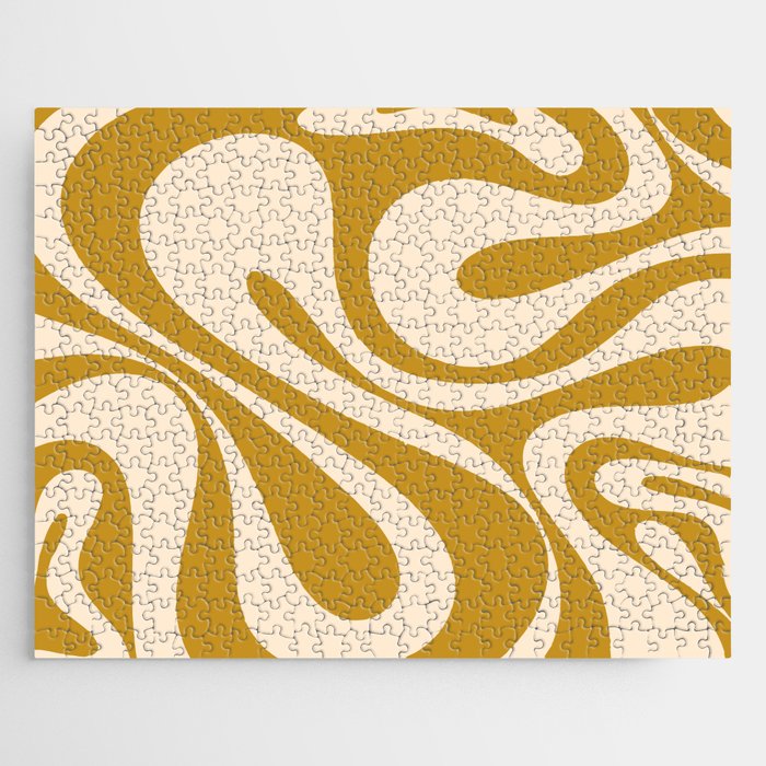 Mod Swirl Retro Abstract Pattern in Mustard and Cream Jigsaw Puzzle