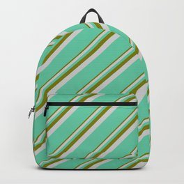 [ Thumbnail: Green, Light Grey & Aquamarine Colored Lined Pattern Backpack ]