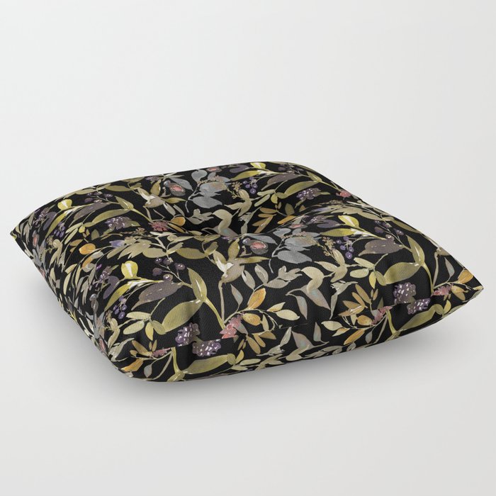 Watercolor Autumn Leaves Pattern On Black Background Floor Pillow