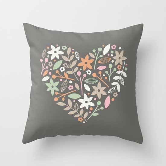Floral Heart - in Charcoal Throw Pillow