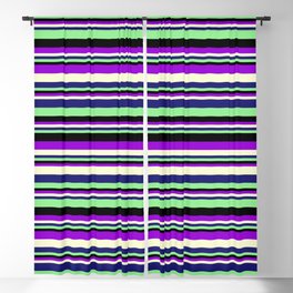 [ Thumbnail: Dark Violet, Light Yellow, Midnight Blue, Light Green, and Black Colored Lined/Striped Pattern Blackout Curtain ]