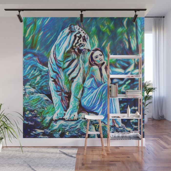 Beauty And The White Tiger Fantasy Art Painting Wall Mural By
