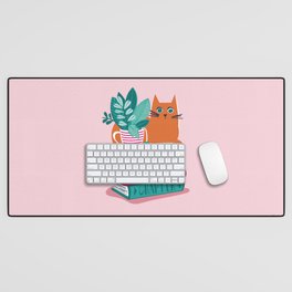 One more chapter // pastel pink background orange tabby cat striped mug with plants fuchsia pink and green books  Desk Mat