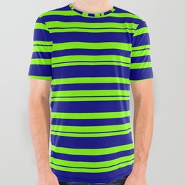 [ Thumbnail: Chartreuse and Blue Colored Lines/Stripes Pattern All Over Graphic Tee ]
