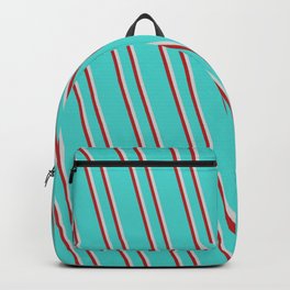 [ Thumbnail: Turquoise, Light Grey & Red Colored Lines/Stripes Pattern Backpack ]