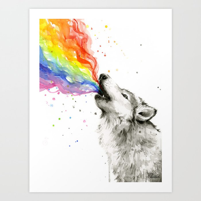 Wolf Howling Rainbow Watercolor Art Print