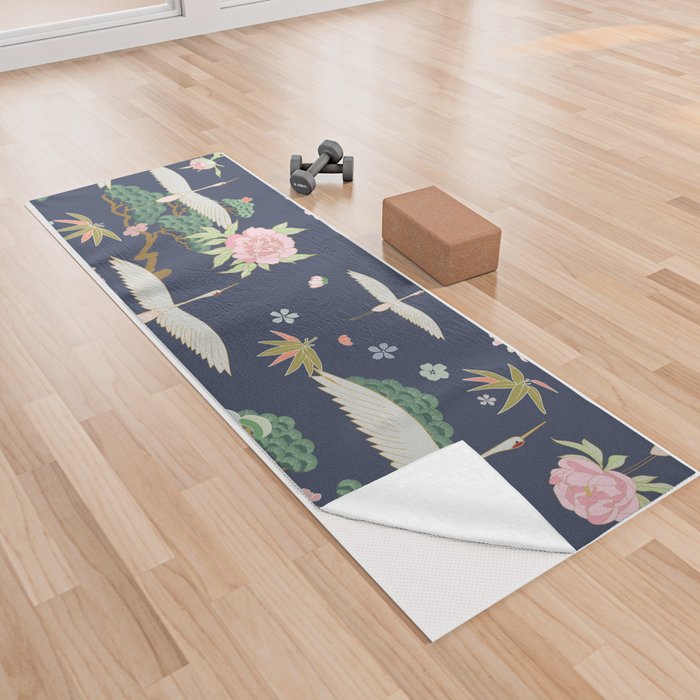 Japanese Crane Tropical Exotic Flower Pattern Yoga Towel