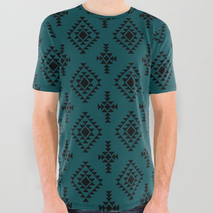 Teal Blue and Black Native American Tribal Pattern All Over Graphic Tee