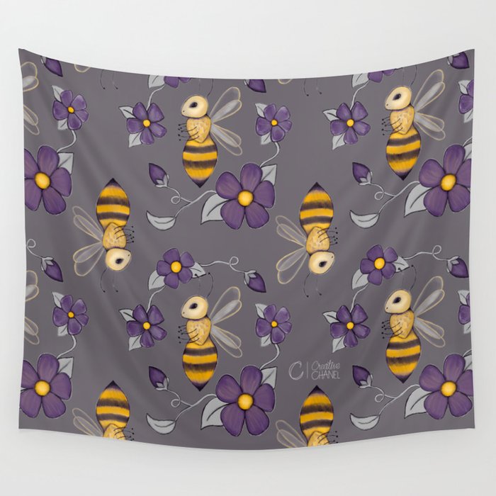 Bee Blossoms with gray Wall Tapestry