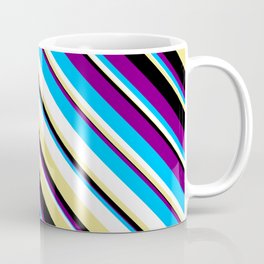 [ Thumbnail: Eye-catching Purple, Deep Sky Blue, White, Tan & Black Colored Striped Pattern Coffee Mug ]