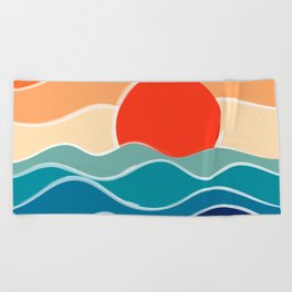 Retro 70s and 80s Color Palette Mid-Century Minimalist Nature Waves and Sun Abstract Art Beach Towel