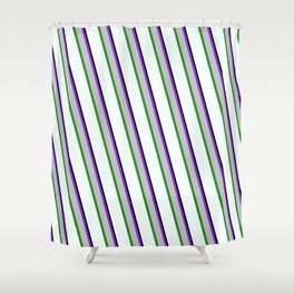 [ Thumbnail: Eye-catching Purple, Grey, Forest Green, Mint Cream, and Black Colored Lined/Striped Pattern Shower Curtain ]