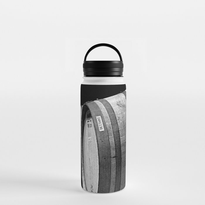 Vineyard wine oak barrels wine cellar black and white photograph - photography - photographs Water Bottle