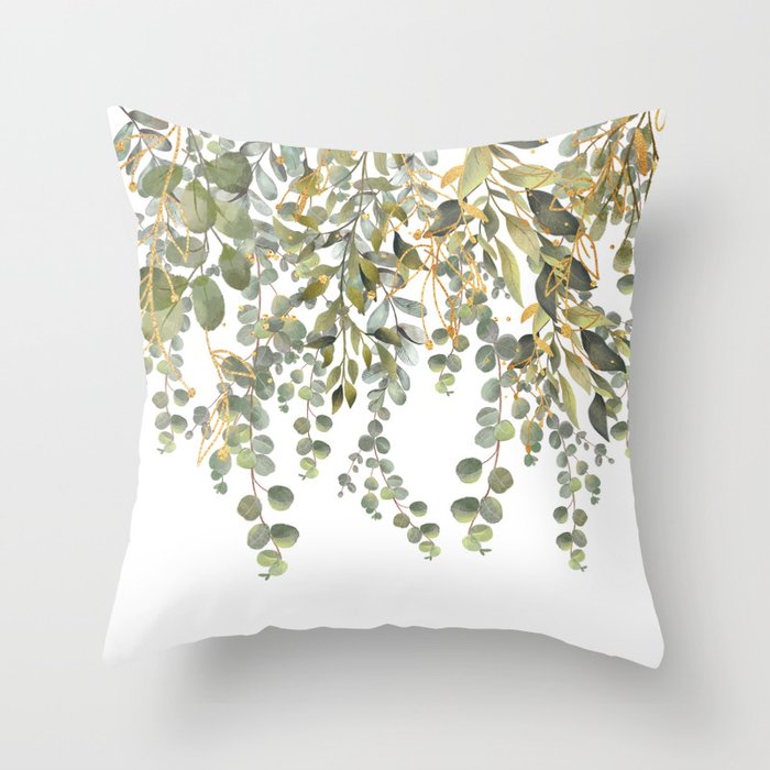 Green And Gold Decorative Eucalyptus Leaves  Throw Pillow
