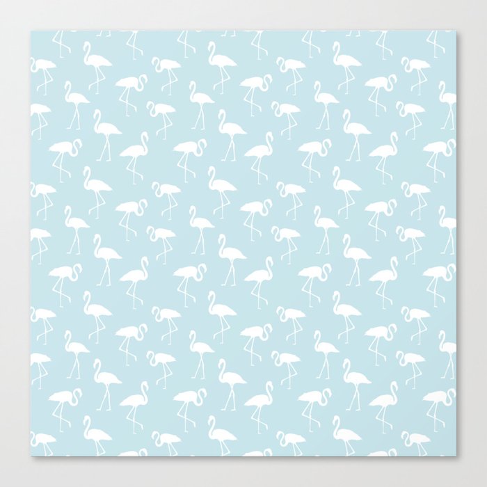 White flamingo silhouettes seamless pattern on baby blue background Canvas Print