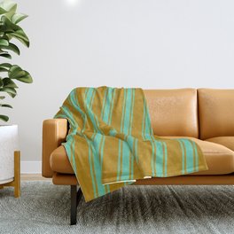 [ Thumbnail: Dark Goldenrod & Aquamarine Colored Striped/Lined Pattern Throw Blanket ]