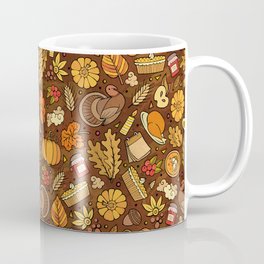 Cartoon cute hand drawn Thanksgiving seamless pattern. Colorful detailed, with lots of objects background. Endless funny vintage illustration. Bright colors backdrop with autumn items.  Mug