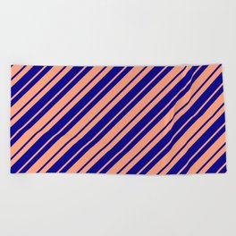 [ Thumbnail: Dark Blue and Light Salmon Colored Lined Pattern Beach Towel ]