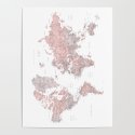 Dusty pink and grey detailed watercolor world map Poster
