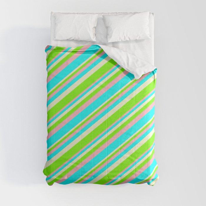 Light Yellow, Green, Light Pink, and Cyan Colored Striped/Lined Pattern Comforter