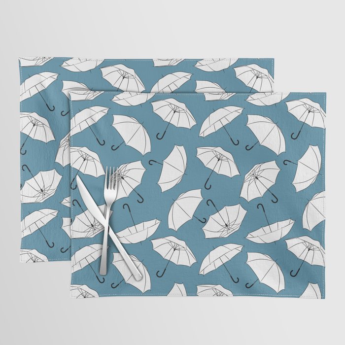 White Umbrella pattern on Blue background Placemat