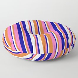 [ Thumbnail: Hot Pink, Dark Blue, White, and Chocolate Colored Lines Pattern Floor Pillow ]