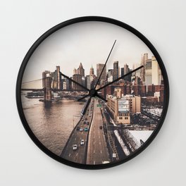 New York City | NYC Skyline and Brooklyn Bridge | Film Style Photography Wall Clock