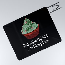 Bake the world a better place - cupcake with heart shaped pieces - black background Picnic Blanket