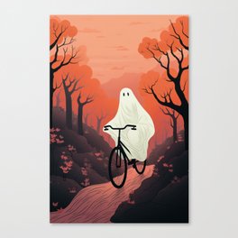 cute ghost riding a bike through autumn nature landscape Canvas Print