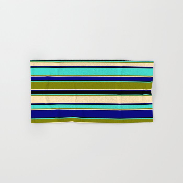 Turquoise, Green, Beige, Blue & Black Colored Striped/Lined Pattern Hand & Bath Towel