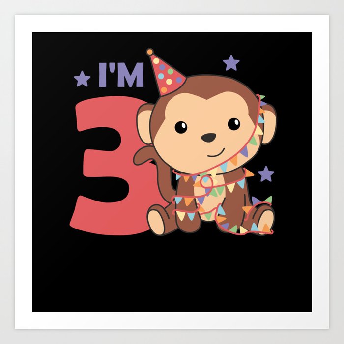Third Birthday Monkey For Kids 3 Years Old Art Print