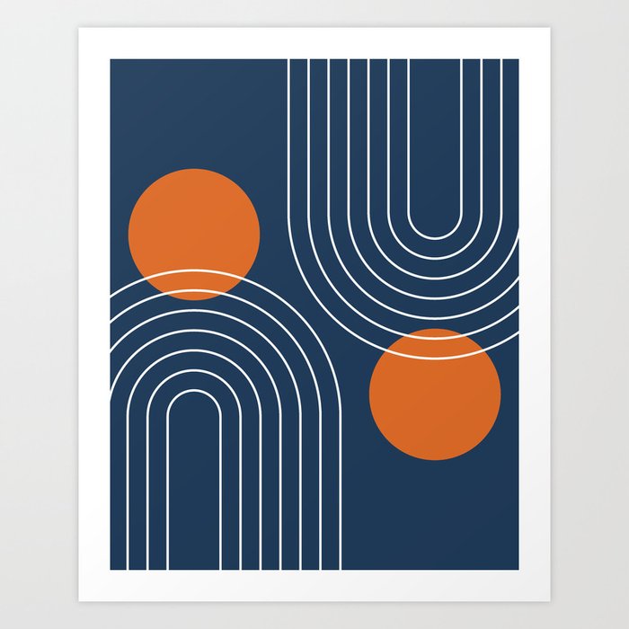 Mid Century Modern Geometric 83 in Navy Blue and Orange (Rainbow and Sun Abstraction) Art Print