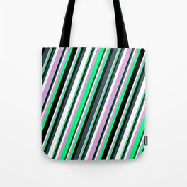 [ Thumbnail: Plum, Green, Black, Dark Slate Gray & White Colored Striped/Lined Pattern Tote Bag ]