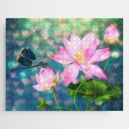 Dreamy vintage Lotus and Dragonfly Jigsaw Puzzle