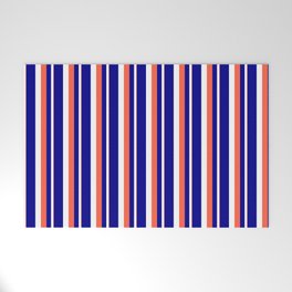 [ Thumbnail: Red, White, and Dark Blue Colored Stripes Pattern Welcome Mat ]